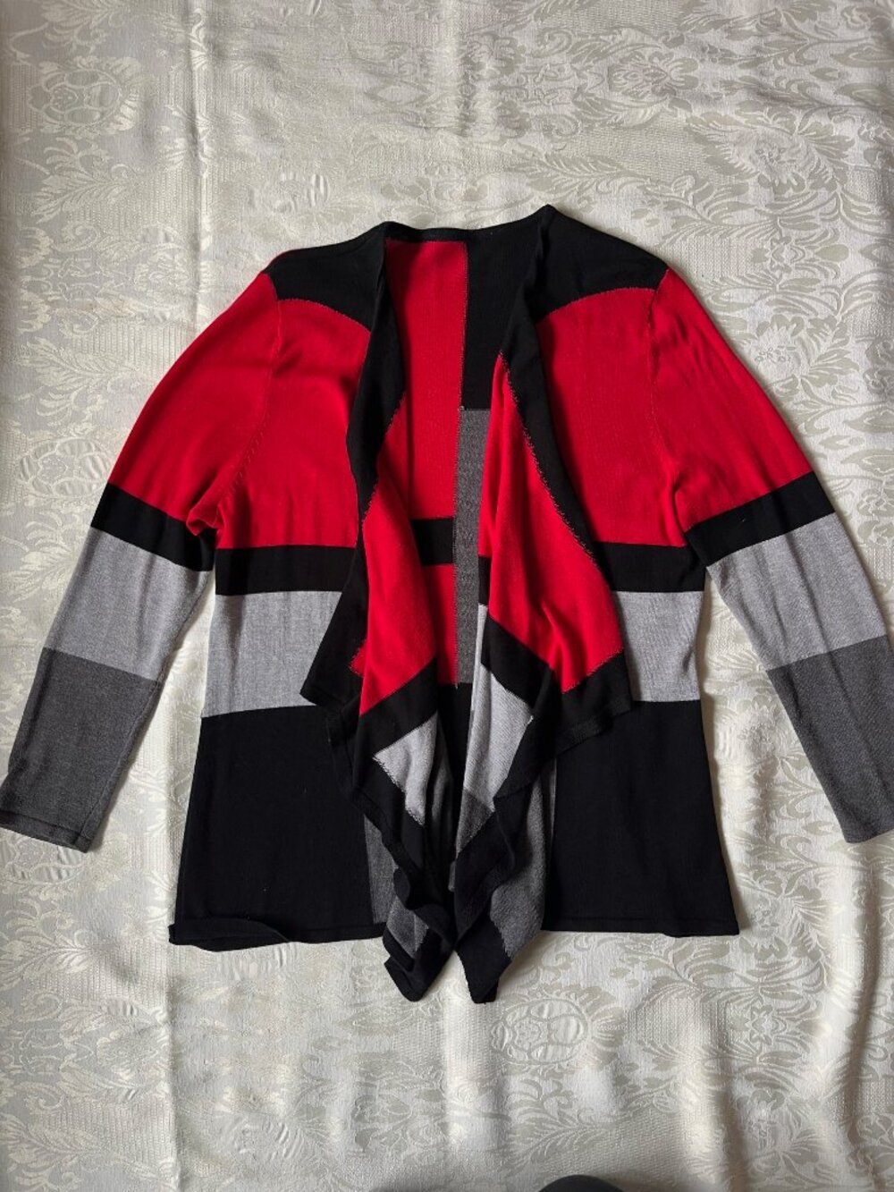 Tanjay Petite Colorblock Drape Front Open Cardigan Sweater Size PM Red Black